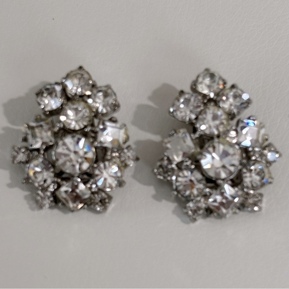 Vintage Large cubic zirconia silver tone clip on earrings # 100